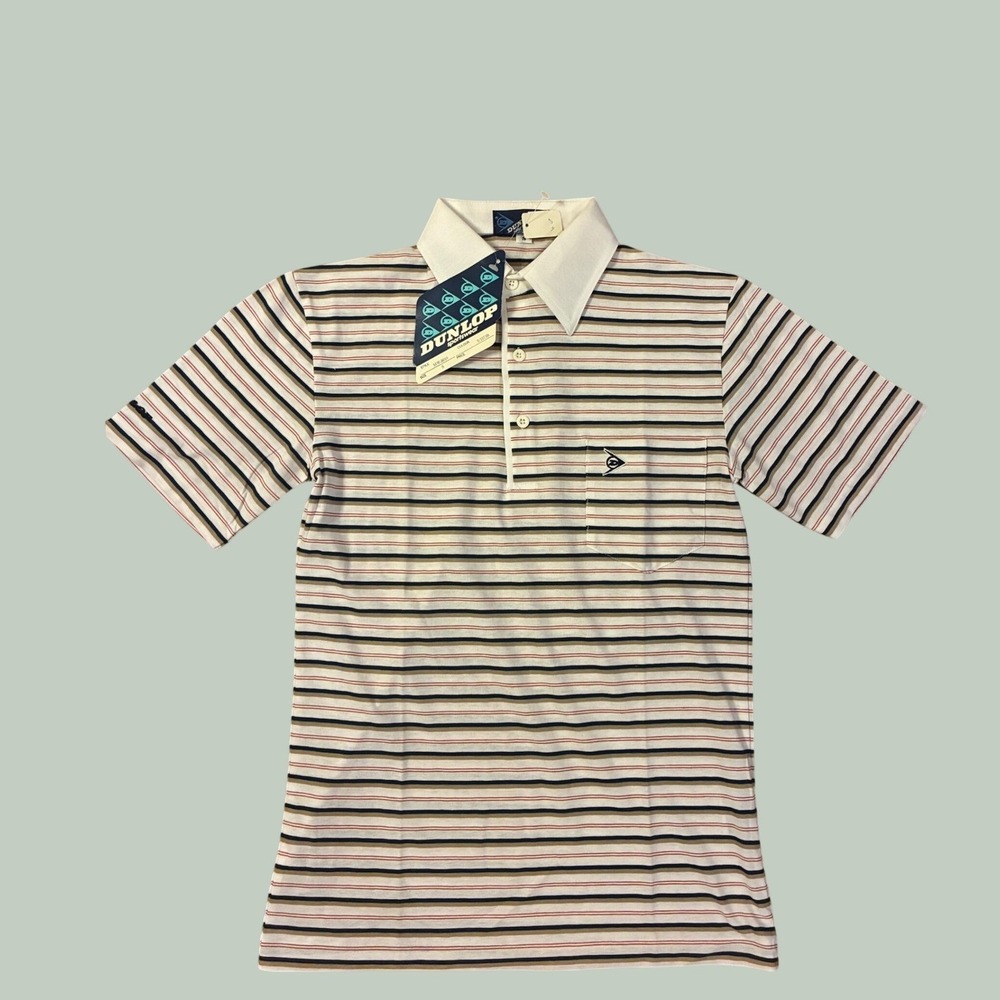 Vintage Dunlop Sportswear Striped Polo Shirt White‎ 80s Deadstock Mens Small